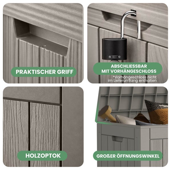 Detailansichten einer Gartenbox: praktischer Griff, abschließbare Vorrichtung für ein Vorhängeschloss, Holzoptik und großer Öffnungswinkel.