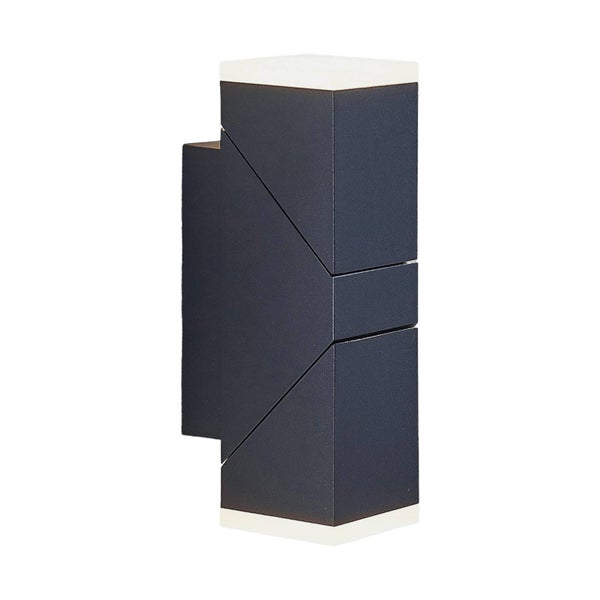 Moderne rechteckige Außenwandleuchte mit Lichtaustritt nach oben und unten, Gehäuse aus anthrazitfarbenem Metall und weißen Diffusoren.