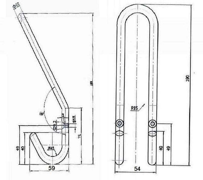 Technische Zeichnung mit Maßangaben für einen U-förmigen Wandhaken aus Metall.