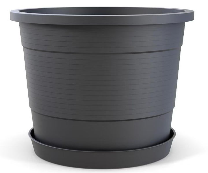 Plastard Blumentopf Terra Ø 35 cm Anthrazit mit Untersetzer, wetterfester Pflanzkübel, Pflanztopf, Blumenkübel, Übertopf aus Kunststoff mit Überlauf