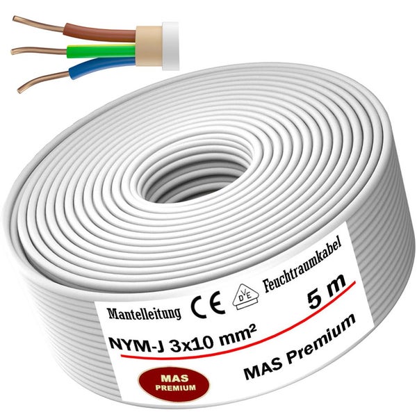 Rolle Mantelleitung NYM-J 3 mal 10 Quadratmillimeter, Feuchtraumkabel, 5 Meter, Querschnitt der Adern, MAS Premium Logo, CE und VDE Kennzeichnung.