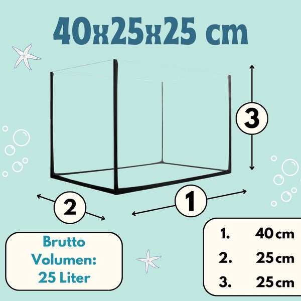 Aquarium mit den Maßen 40x25x25 cm und einem Bruttovolumen von 25 Litern