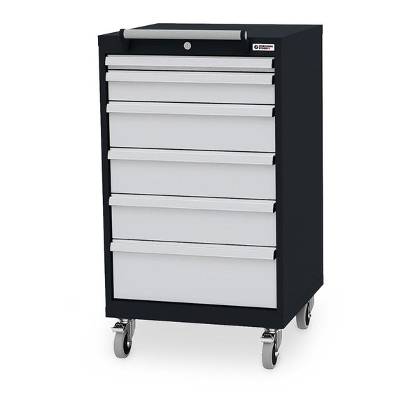 Schwarz-grauer Werkstattwagen mit sechs Schubladen, Schiebegriff und Rollen. Werkzeug Store24 Logo.