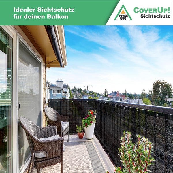 CoverUp! Balkon Sichtschutz 0,9m x 6m (180 g/m²) – Balkonverkleidung Terrassensichtschutz Blickdicht – inkl. 50 Klett-Kabelbinder - schwarz