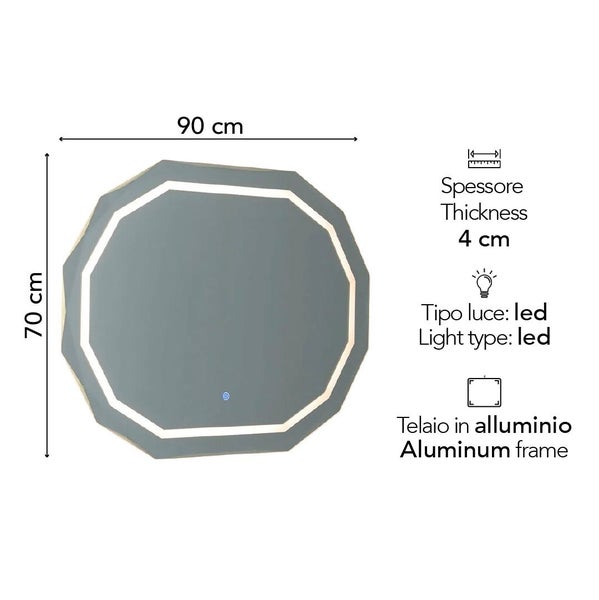 Badezimmerspiegel mit LED Beleuchtung, Aluminiumrahmen, Breite 90 Zentimeter, Höhe 70 Zentimeter, Tiefe 4 Zentimeter.