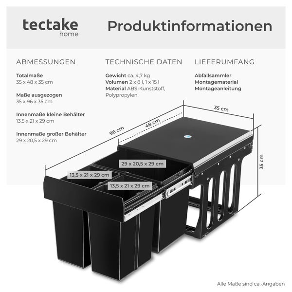 Abfallsammler tectake Ashlyn 35 x 48 x 35 cm 3-fach Mülltrennung, 2x8L und 1x15L schwarz