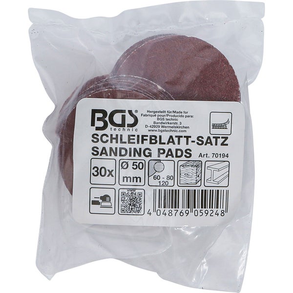 BGS Schleifblatt-Satz für Exzenterschleifer Ø 50 mm K 60 - 80 - 120 30tlg. - 70194