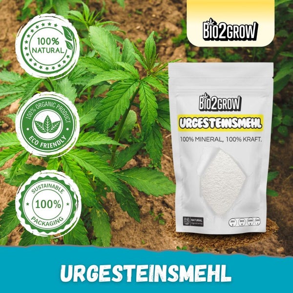 Bio2Grow Urgesteinsmehl Packung neben Pflanze mit den Siegeln 100 Prozent natürlich, 100 Prozent Bioprodukt und nachhaltige Verpackung
