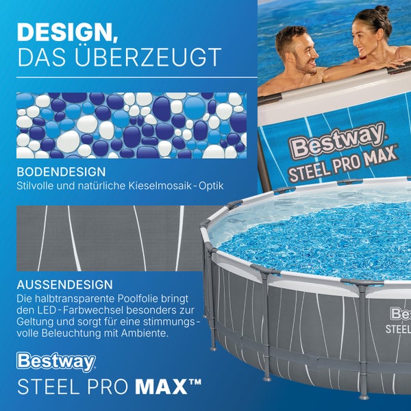 Bestway Steel Pro MAX Aufstellpool mit Kieselmosaik-Bodendesign, halbtransparenter Außenwand für LED-Beleuchtung und Bestway Logo.