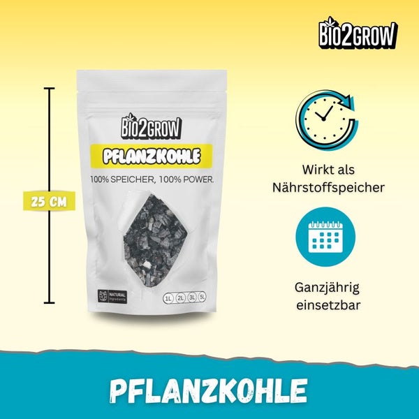 Bio2Grow Pflanzkohle organisch 3 Liter – 100 % natürliche Bodenverbesserung – Wasserspeicher & Nährstoffbinder für gesunde Pflanzen – Ideal für Kompost, Hochbeet & Substrat