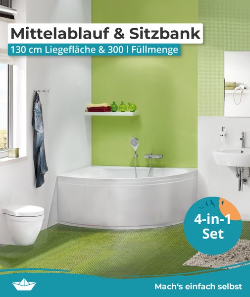 Calmwaters® Eckbadewanne Komplettset 150x150 cm Curved Wellness, Made in EU, 4in1 Acryl-Wanne mit Schürze, Wannenfüßen & Ablaufgarnitur, Duowanne mit integriertem Sitz, Eckwanne 150 x 150, Weiß