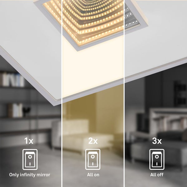 Briloner Toro LED Deckenlampe, Tunneleffekt, 3 Stufen Schaltung, Indirektes Licht, Speicherfunktion, Chrom-Matt, 42 x 42 x 4 cm