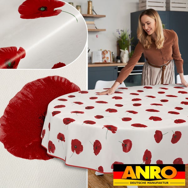 Tischdecke mit Mohnblumenmuster auf einem Küchentisch, ANRO Logo