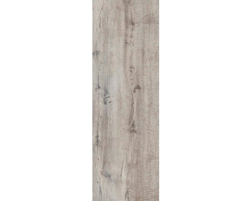 Bodenbelag in grauer Holzoptik mit deutlicher Maserung und Astlöchern.