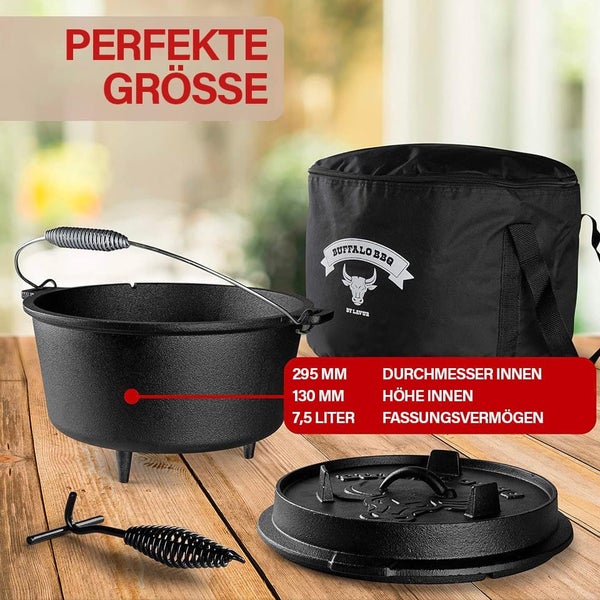 Dutch Oven Set: Gusseisentopf 7,5 Liter, Deckel, Deckelheber, Tasche Buffalo BBQ Logo. Maße: 295 Millimeter Durchmesser, 130 Millimeter Höhe.