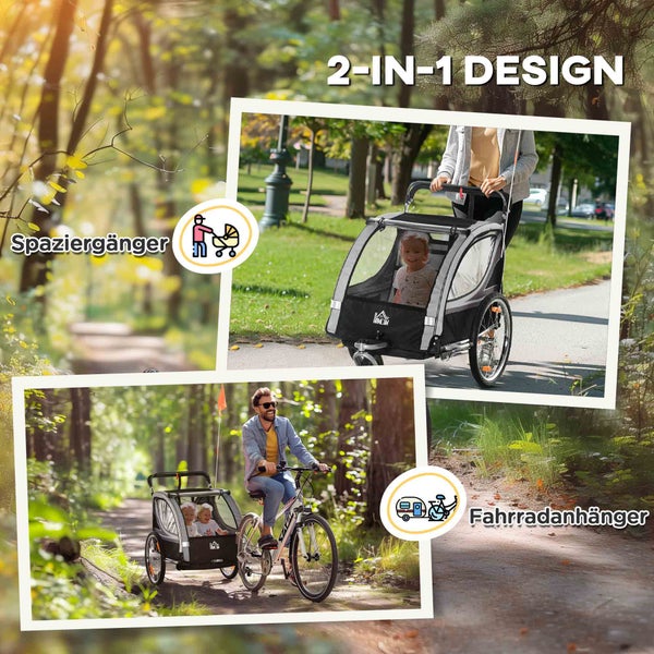 HOMCOM 2 in 1 Kinderanhänger klappbar Fahrradanhänger mit abnehmbarem Vorderrad, Hinterradbremsen, Kinderfahrradanhänger für 2 Kinder ab 18 Monate, bis 26,4 kg belastbar, Grau