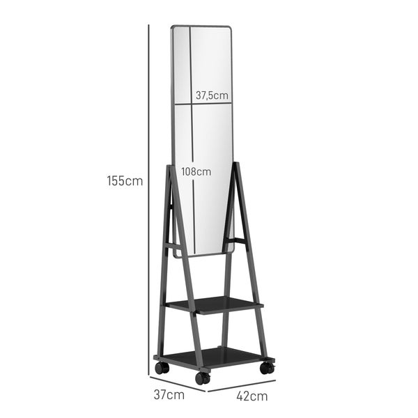 HOMCOM Ganzkörperspiegel, 42 x 155 cm Standspiegel mit Ablage, Stehspiegel mit Rolle, Bodenspiegel für Schlafzimmer, Wohnzimmer, Schwarz