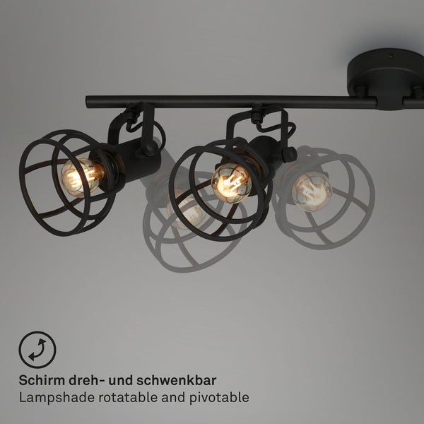 Schwarze Deckenleuchte aus Metall mit dreh- und schwenkbaren Schirmen im Käfigdesign.