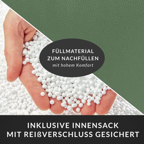 Collage mit einem grünen Sitzhocker, der für Kinder, Erwachsene und Büros geeignet ist