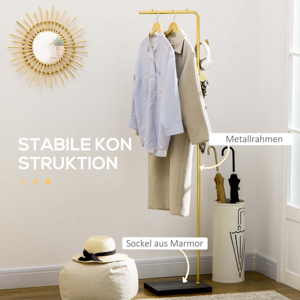 HOMCOM Garderobenständer, Kleiderständer mit Haken Marmor Basis Garderobe für Kleidung, Hüte, für Wohnzimmer, Eingang, 35 x 25 x 170 cm, Gold+Schwarz