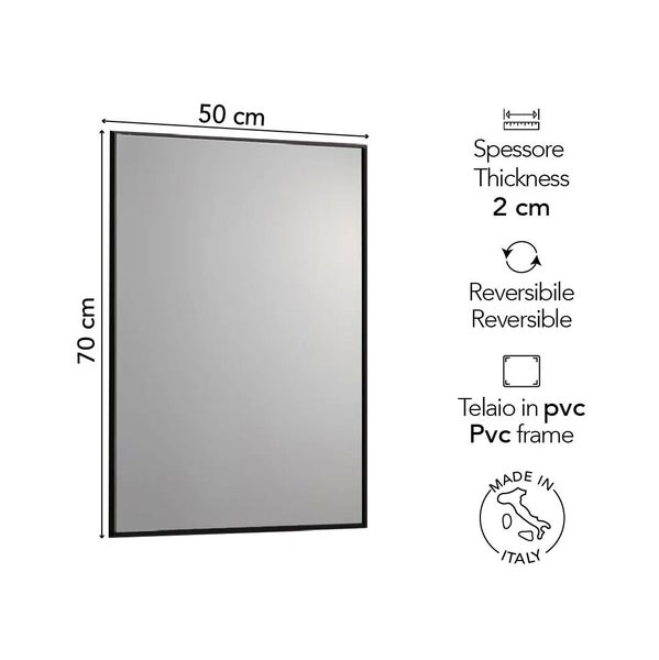 Wandspiegel mit PVC-Rahmen, 50 mal 70 Zentimeter, Tiefe 2 Zentimeter, reversibel montierbar, hergestellt in Italien.