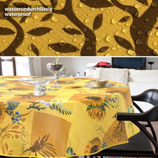 Runde wasserabweisende Tischdecke mit Sonnenblumen-Motiv und Detailansicht der wasserundurchlässigen Stoffoberfläche mit Wassertropfen.