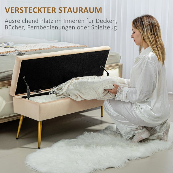 HOMCOM Sitzbank mit Stauraum, Polsterbank mit Deckel, Bettbank mit Samtoptik, für Flur Schlafzimmer Wohnzimmer, Metallrahmen 102 x 35 x 43 cm Beige
