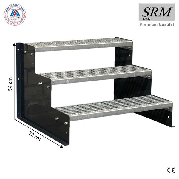 3-stufige Stahl-Außentreppe mit Gitterroststufen, Höhe 54 Zentimeter, Tiefe 72 Zentimeter, SRM Design Logo, CE-Kennzeichnung, Zertifikat EN 1090-1.