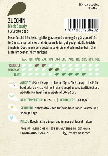 Zucchini Black Beauty Saatgutpackung mit Informationen zu Anbau und Pflege