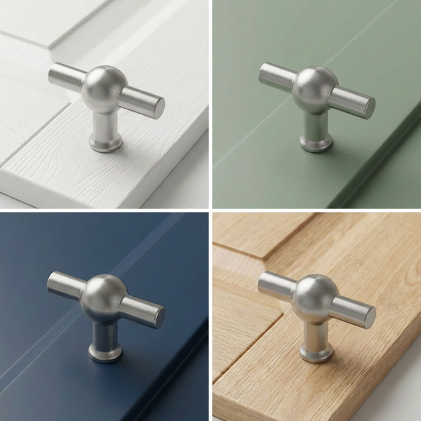 Verschiedene Möbelknöpfe aus Metall an Schranktüren