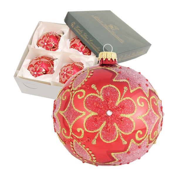 Rot matt 10cm Glaskugel mundgeblasen und handdekoriert , 4 Stck., Weihnachtsbaumkugeln, Christbaumschmuck, Weihnachtsbaumanhänger