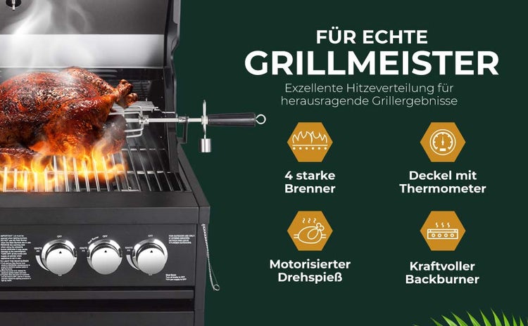 Gasgrill mit motorisiertem Drehspieß, Brathähnchen, vier starken Brennern, Deckelthermometer und kraftvollem Backburner.