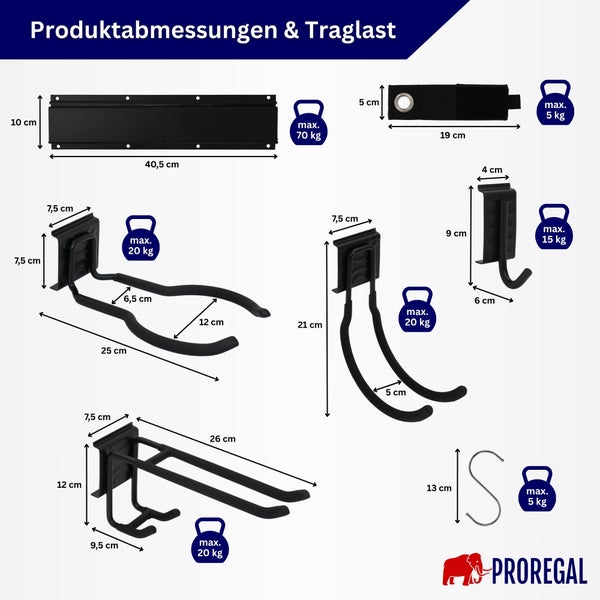 Produktabmessungen und maximale Traglast verschiedener Wandhaken und Ordnungssysteme von Proregal mit genauen Maßangaben in Zentimetern.