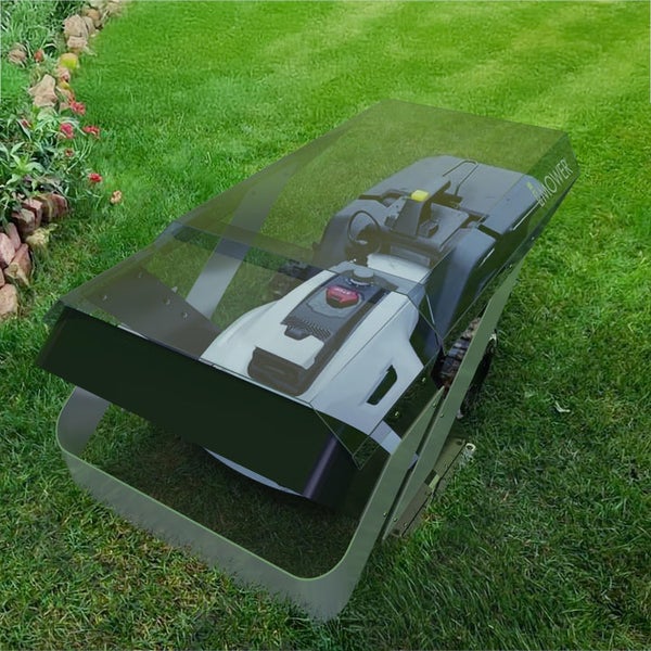 Rasenmäher Roboter mit Wetterschutzdach auf Rasen