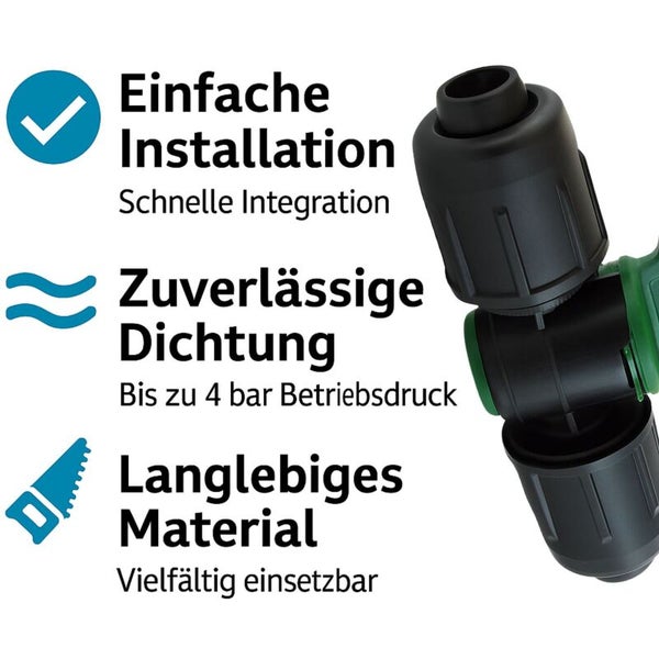 PE-Rohrverbinder mit Vorteilen: Einfache Installation, zuverlässige Dichtung bis 4 bar Betriebsdruck und langlebiges Material.
