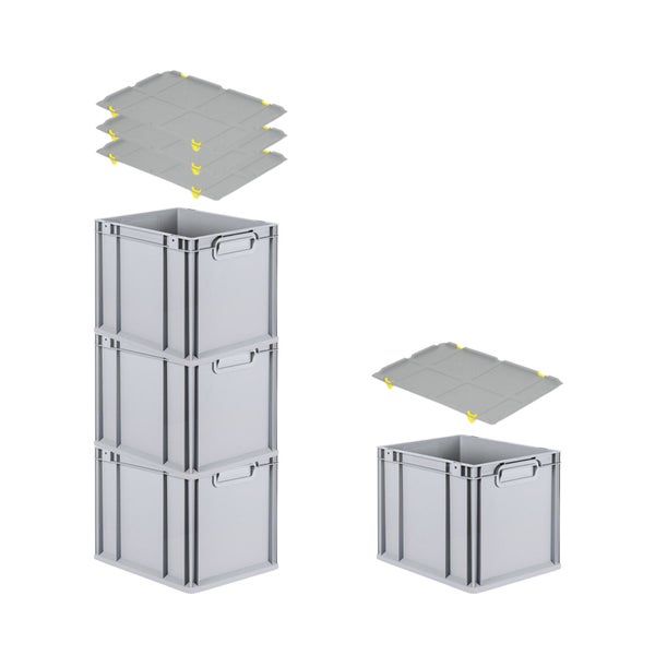PROREGAL Spar Set 4x Eurobox Nextgen Economy Mit Auflagedeckel & 4x Schiebeschnappverschlüsse Gelb Griffe Geschlossen HxBxT 32 x 30 x 40 cm 30 Liter