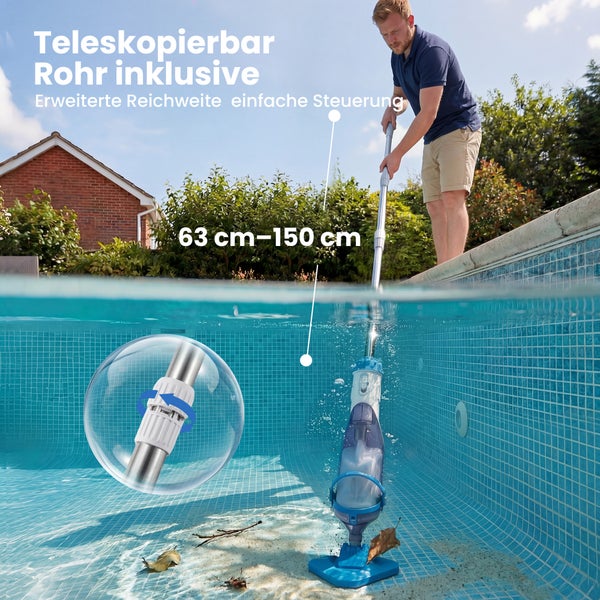 Ein Mann reinigt einen Pool mit einem Poolsauger inklusive Teleskopstange, die von 63 bis 150 Zentimeter ausziehbar ist.