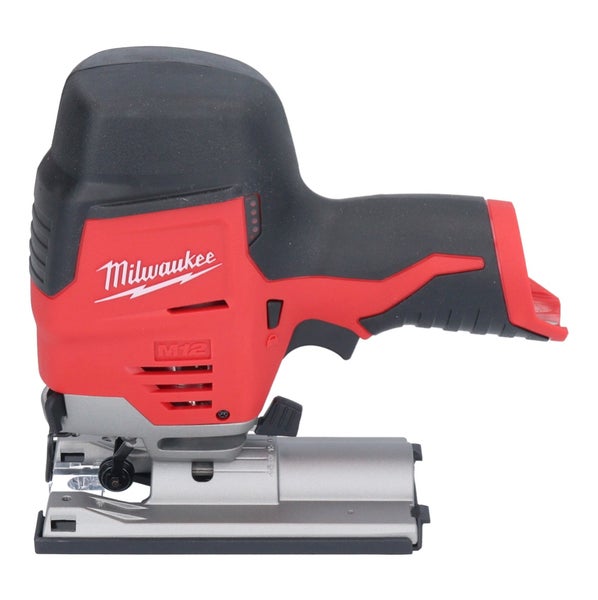 Milwaukee M12 Akku-Stichsäge mit ergonomischem Griff und Metall-Bodenplatte.