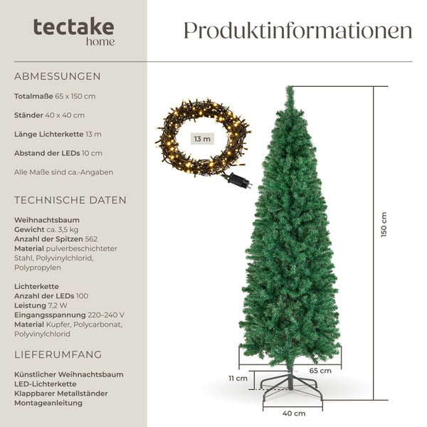 Technische Zeichnung eines kuenstlichen Weihnachtsbaums mit LED Lichterkette von Tectake inklusive Massangaben und Produktdetails.