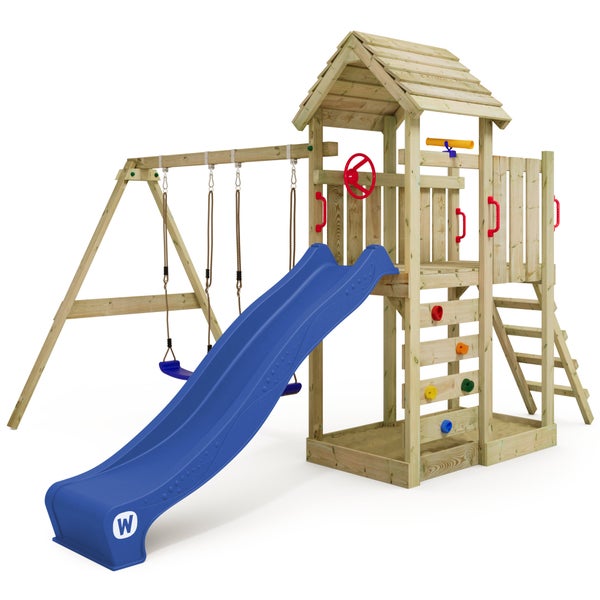 WICKEY Spielturm Klettergerüst MultiFlyer Holzdach mit Schaukel und Rutsche, Kletterturm mit Holzdach, Sandkasten, Leiter und Spiel-Zubehör - blau