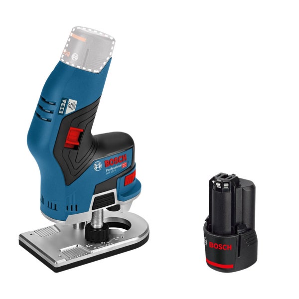 Bosch Professional Akku-Kantenfräse GKF 12 Volt-8 mit einem separaten 12 Volt Akku.