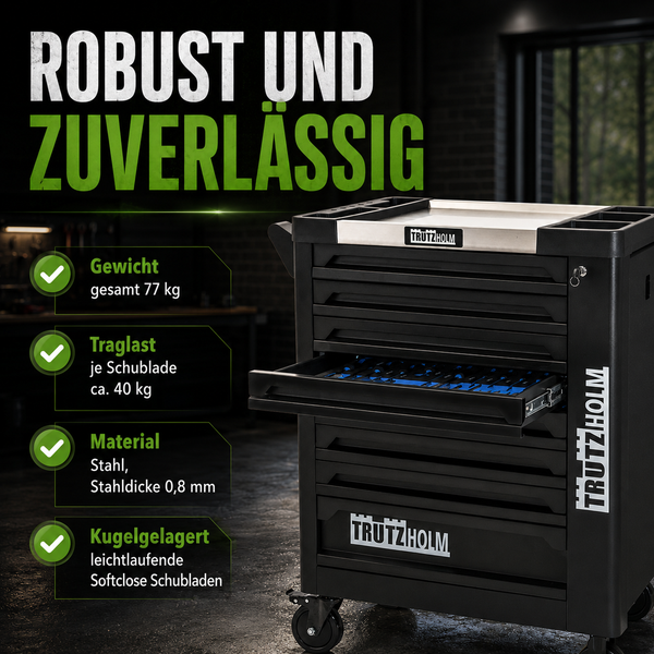 Trutzholm Werkstattwagen aus schwarzem Stahl, 7 Schubladen, kugelgelagert mit Softclose, Gesamtgewicht 77 kg, Traglast circa 40 kg pro Schublade.