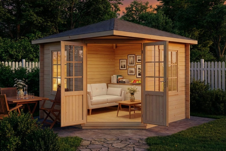 Holzgartenhaus mit geöffneten Doppeltüren und Inneneinrichtung
