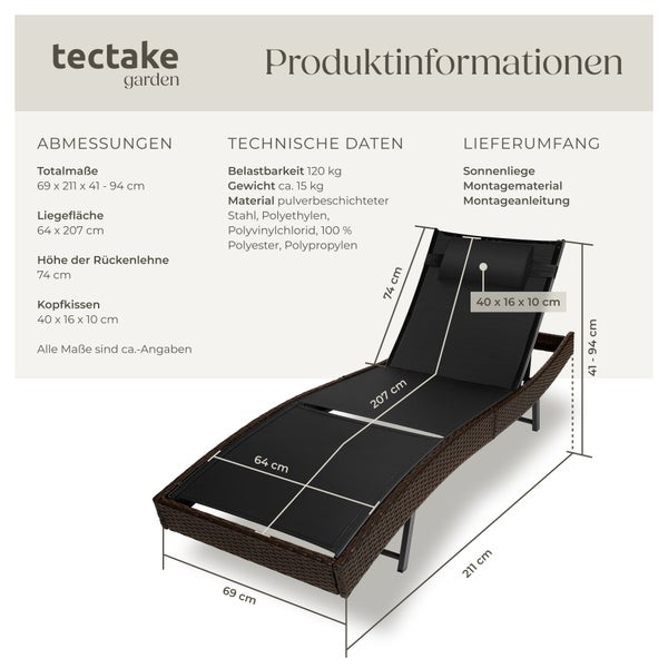 Rattan Sonnenliege tectake Moana 69 x 211 x 41 - 94 cm widerstandsfähig und UV-beständig braun gemischt
