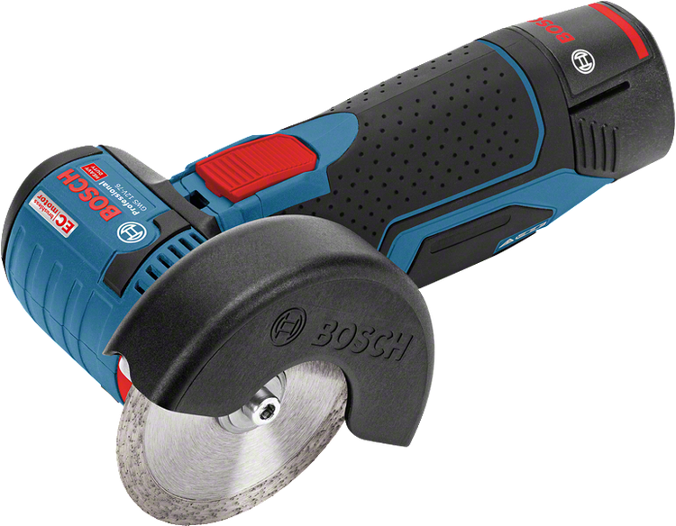 Bosch Professional Akku-Winkelschleifer GWS 12 Volt-76 in Blau und Schwarz, bürstenloser Motor, Schutzhaube, Trennscheibe, Bosch Logo.