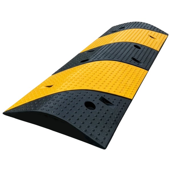 Fahrbahnschwelle in Schwarz und Gelb aus Gummi mit strukturierter Oberfläche und Befestigungslöchern.