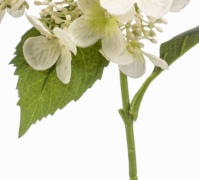 Künstliche Hortensie mit weißen Blüten, grünem Blatt und Stiel für die Innendekoration.