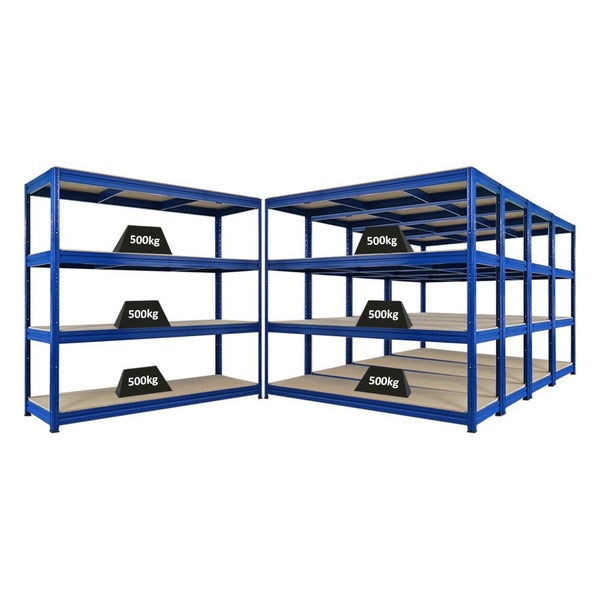 Zwei blaue Schwerlastregale mit jeweils drei Ebenen, belastet mit Gewichten.