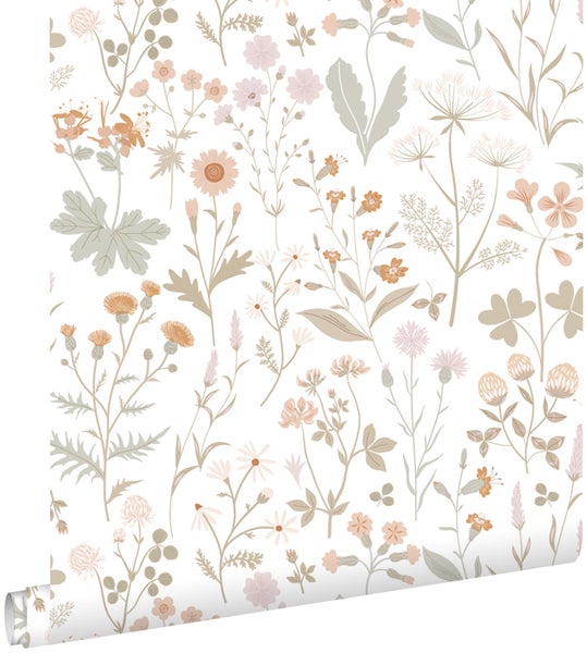 ESTAhome Tapete Feldblumen Grün und Terrakottarosa - 53 cm x 10.05 m - 139514