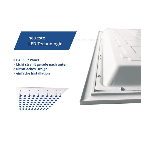 Detailansicht eines LED-Panels mit neuester LED-Technologie, Back-lit-Panel, Lichtausstrahlung nach unten, ultraflaches Design und einfacher Installation.